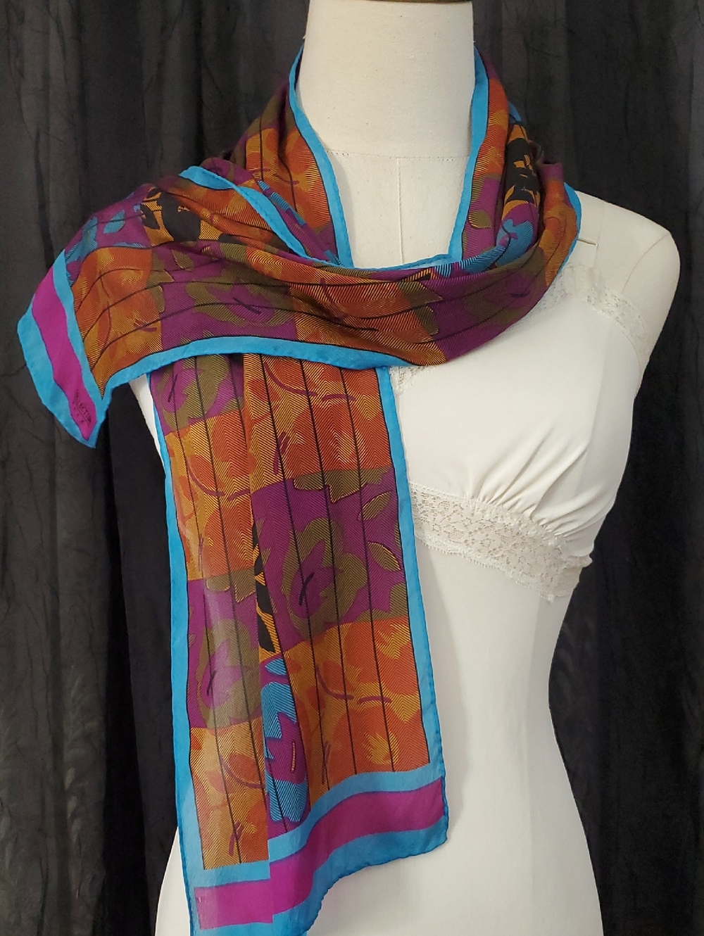 100% Silk Scarf ELAINE GOLD COLLECTION XIIX Floral Patwork 10 X 49" RECTANGLE